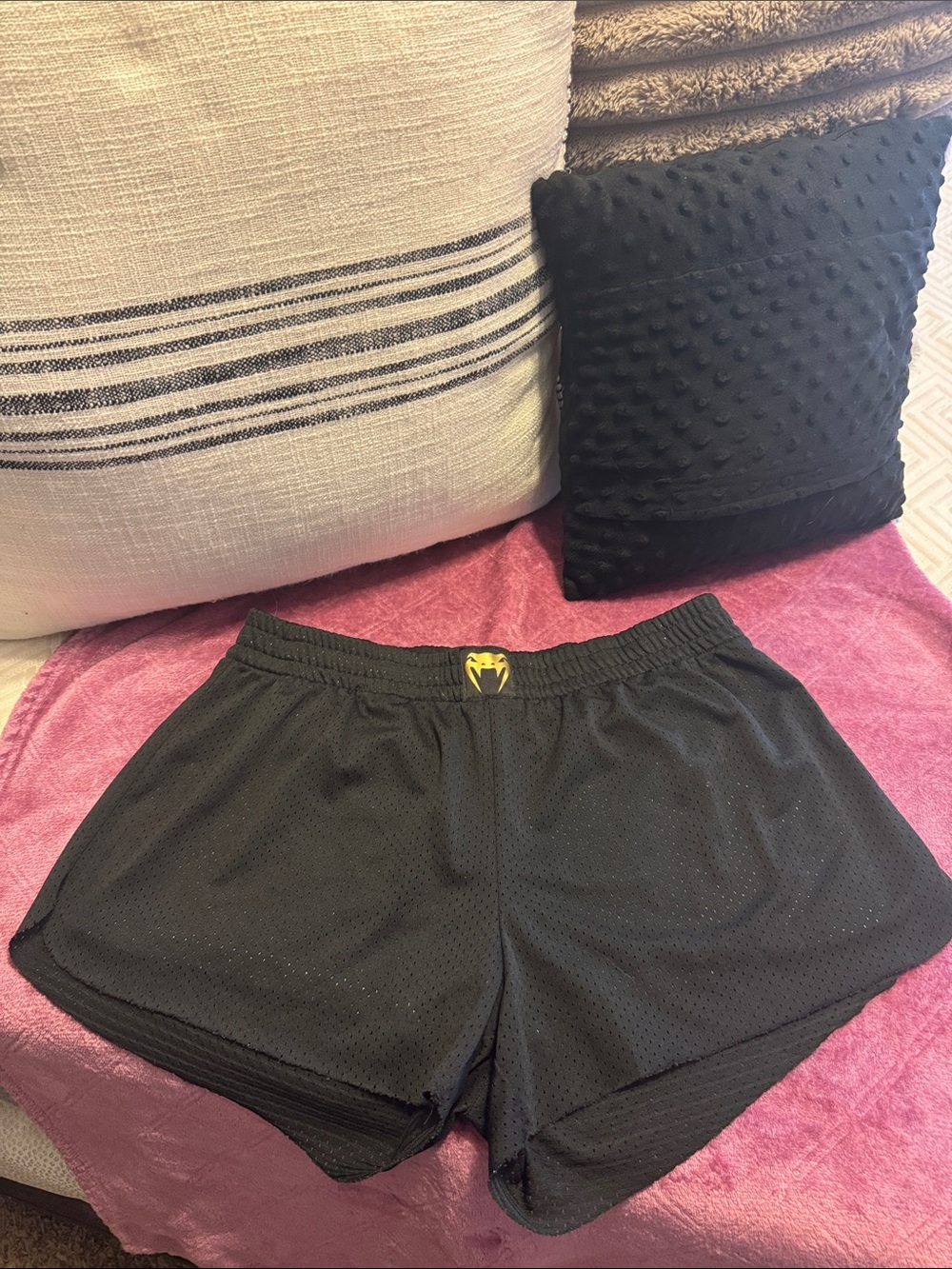 Women's Black Athletic Mesh Shorts with Yellow Crest Accent